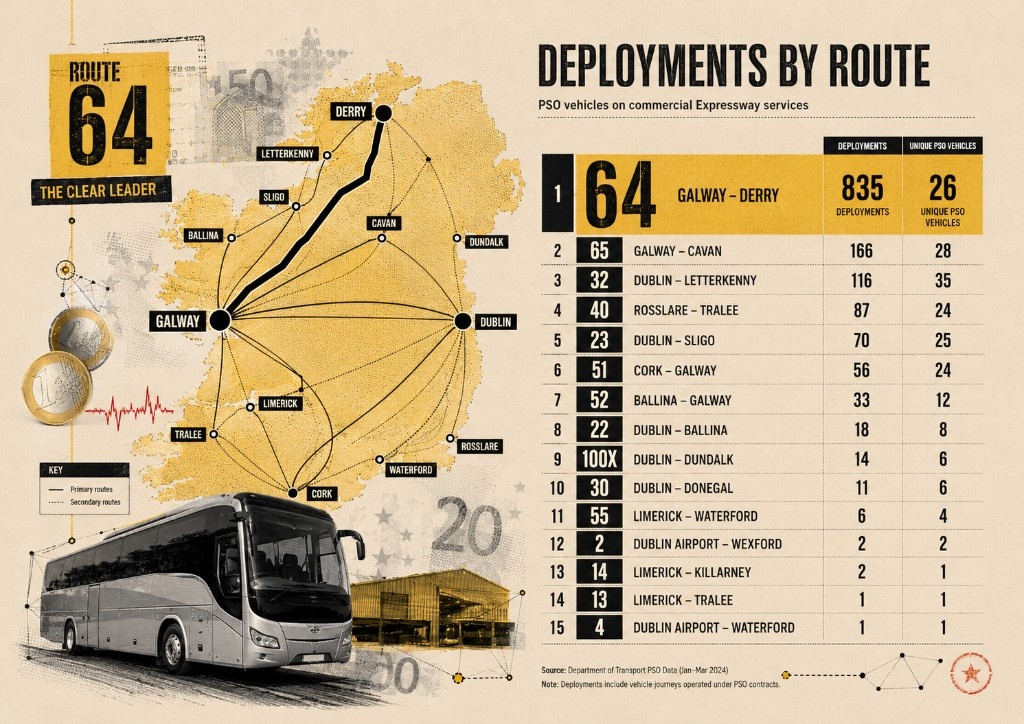 Deployments by route: PSO vehicles on commercial Expressway services, showing Route 64 Galway-Derry as the clear leader with 835 deployments