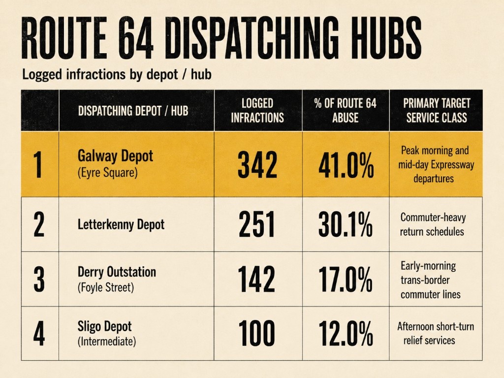 Route 64 dispatching hubs: logged infractions by depot, led by Galway Depot with 342 infractions (41%)