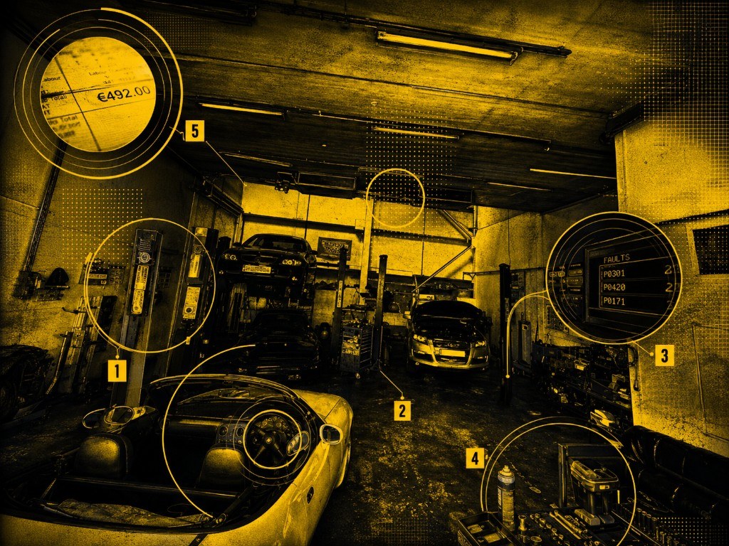 Garage diagnostics graphic highlighting a €492 invoice and fault codes