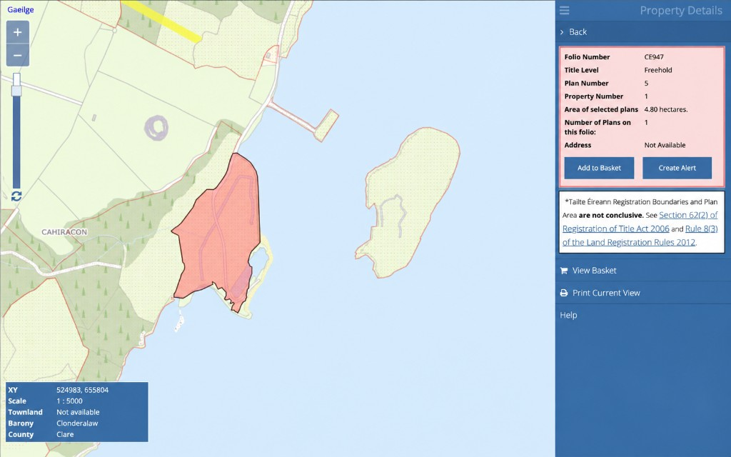 Tailte Éireann / Landdirect map showing Folio CE947 at Cahiracon, 4.80 hectares