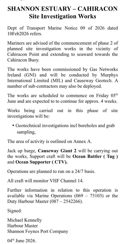 Shannon Foynes Port Company notice: Shannon Estuary – Cahiracon Site Investigation Works, June 2026