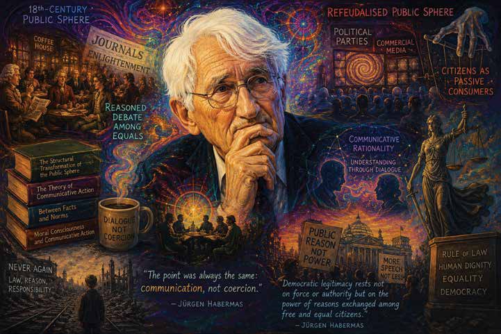 Illustrated map of Jürgen Habermas’s ideas: the public sphere, communicative rationality, law and democracy